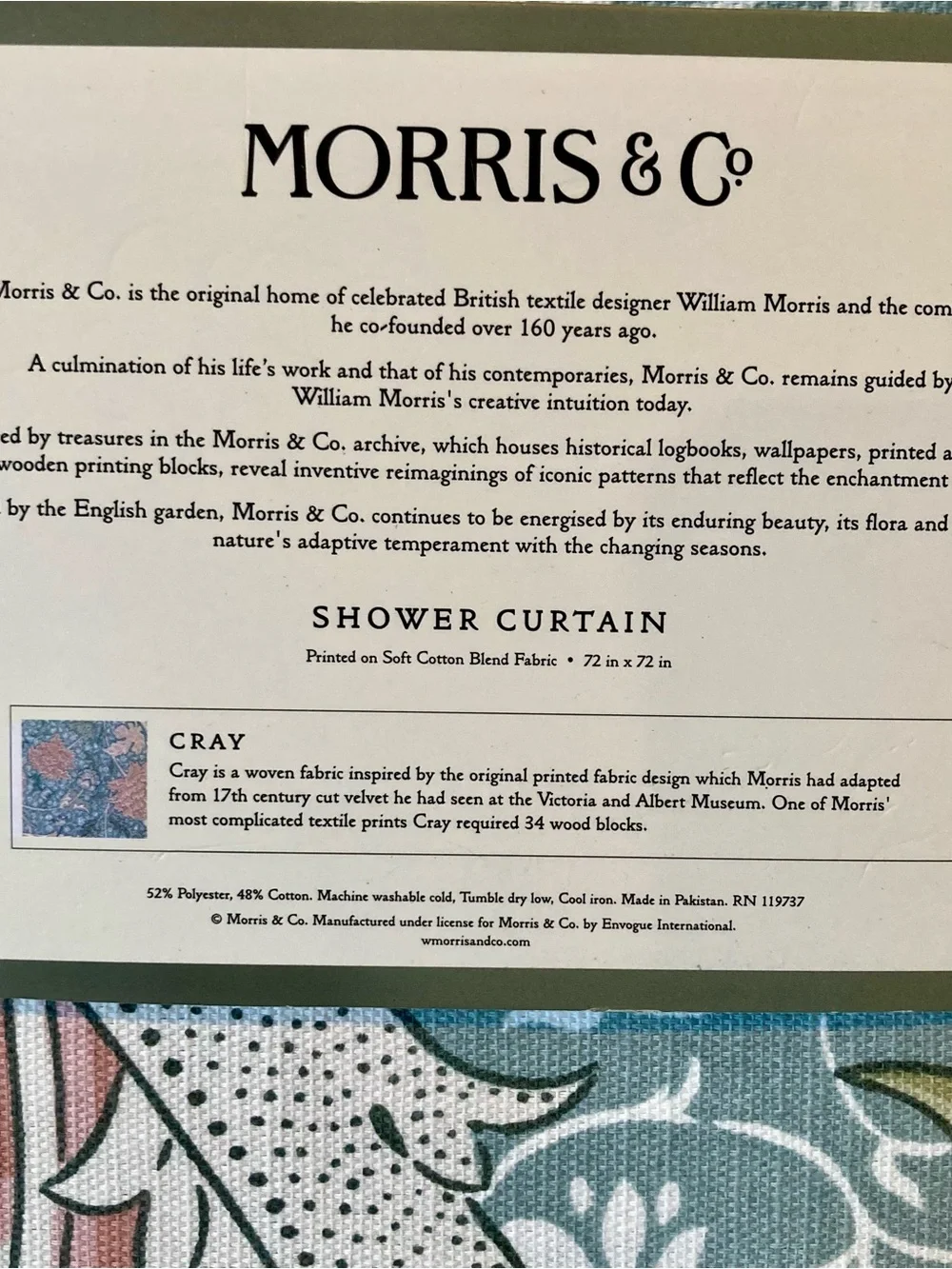 NWT Morris and Company brand 72”x 72” shower curtain features a soft blue gray